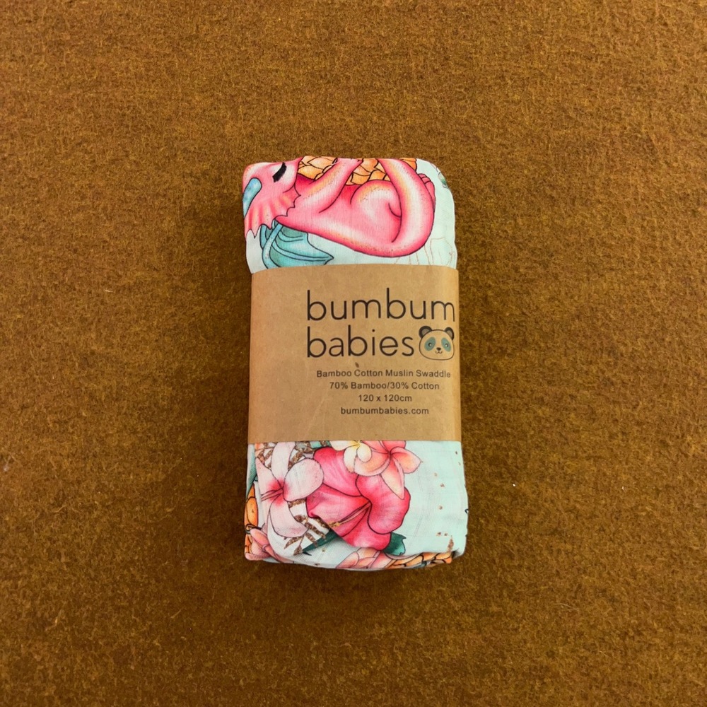 Bumbum Babies Unisex 120x120cm Mint Dragon Floral Bamboo Muslin Swaddle Blanket